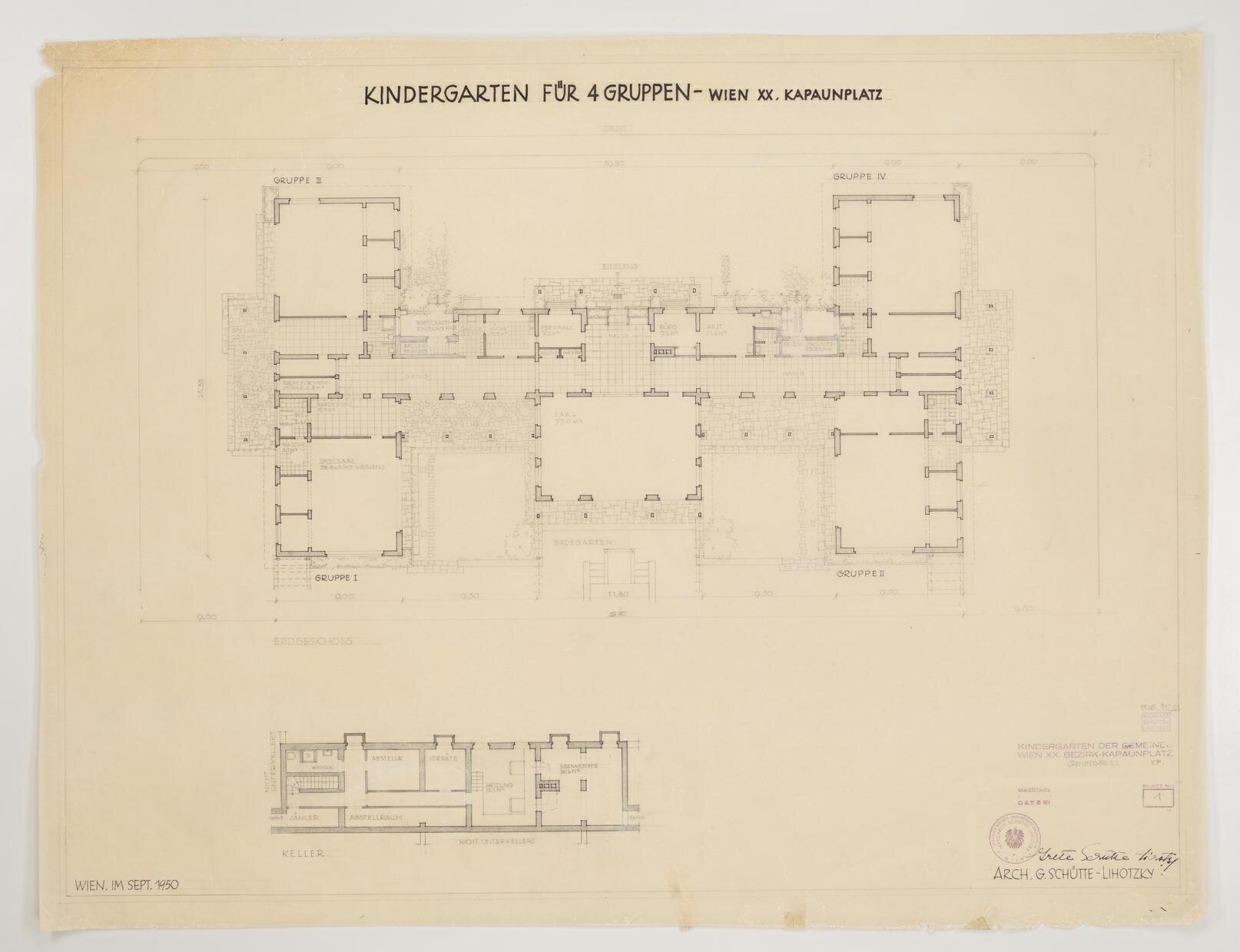 Kindergarten am Kapaunplatz, Grundriss EG und Keller, Inv. Nr. 172/2, Kunstsammlung und Archiv, Universität für angewandte Kunst Wien / c Bildrecht GmbH
